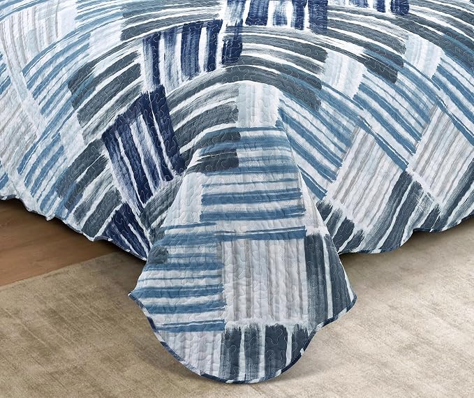Brilliant Sunshine Blue and Grey Stripe Blocks Patchwork, 3-Piece Quilt Set - Image 4