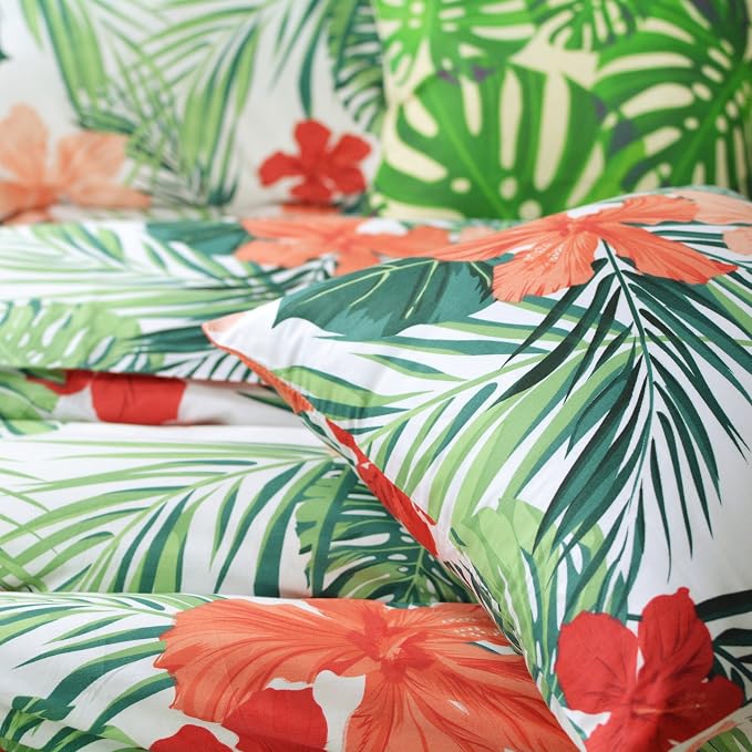 FADFAY Green Duvet Cover 100% Cotton Tropical Bedding Red Hibiscus Flower & - Image 8