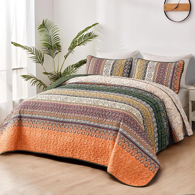 WONGS BEDDING Boho King Quilt Set, Fall Lightweight Bed Decor Bedspread - Image 2