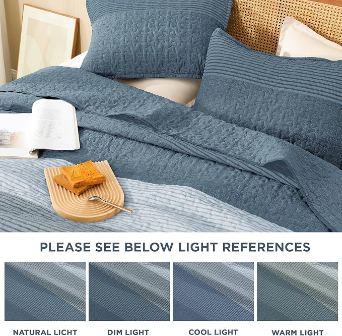 Litanika Oversized Queen Quilt Set Blue Linen, 98x98 Stripe Bedspread Coverlet - Image 6