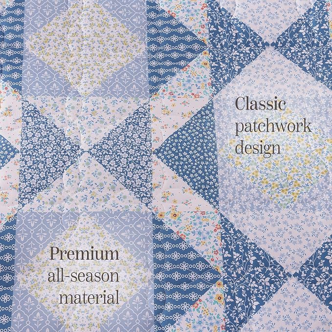 BLOOMHAVEN Quilt Set Queen Size, Patchwork Blue Marigold Floral Quilt Sets - Image 6