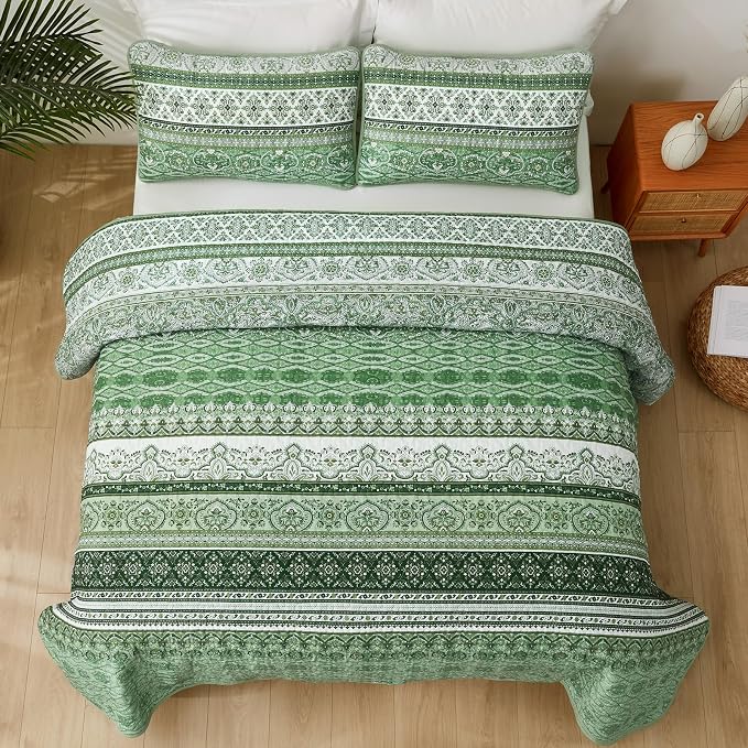 WONGS BEDDING Boho Queen Quilt Set, Light Green Bohemian Quilt Bedding Set - Image 6