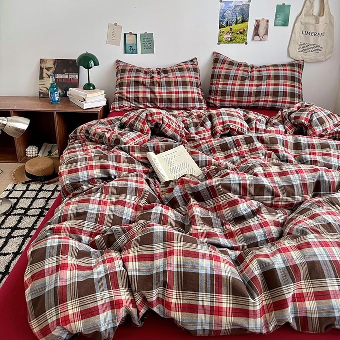mixinni Vintage Red & Brown Buffalo Plaid Duvet Cover Set Full Size - Image 7