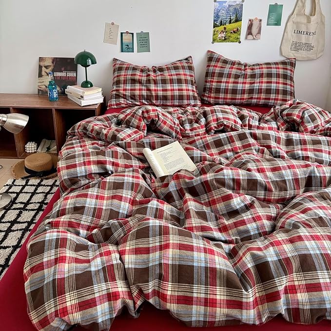 mixinni Vintage Red & Brown Buffalo Plaid Duvet Cover Set Queen Size - Image 7