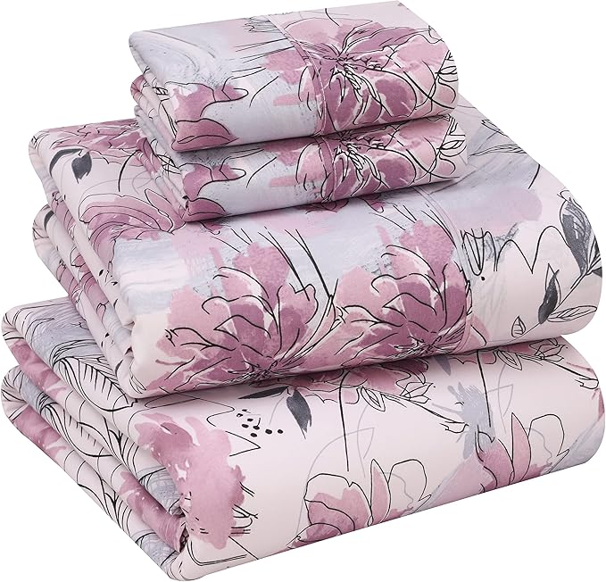 Ruvanti 100% Cotton Bed Sheets, Lilac Floral Print Full Size Sheets Set by Ruvanti
