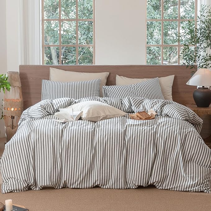 MooMee Striped Duvet Cover Set 100% Washed Cotton Linen Like Textured by MOOMEE