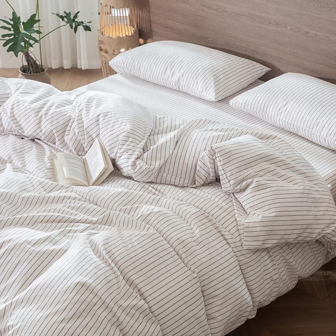 MooMee Striped Duvet Cover Set 100% Washed Cotton Linen Like Textured - Image 9