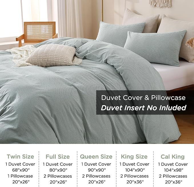 TOCOMOA Mini Gingham Green Duvet Cover Bedding Set 100% Washed Cotton Like - Image 8