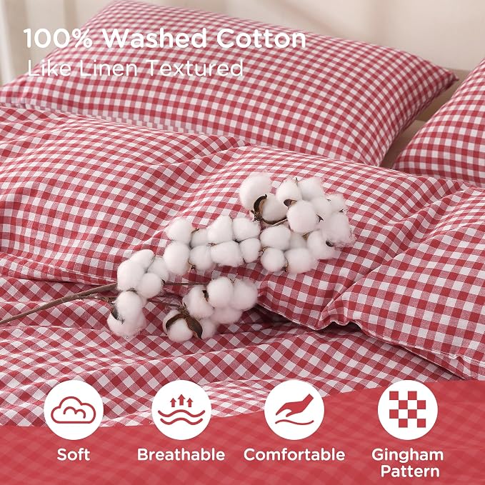 TOCOMOA Red Gingham Duvet Cover Bedding Set 100% Washed Cotton Like Linen Feel - Image 5