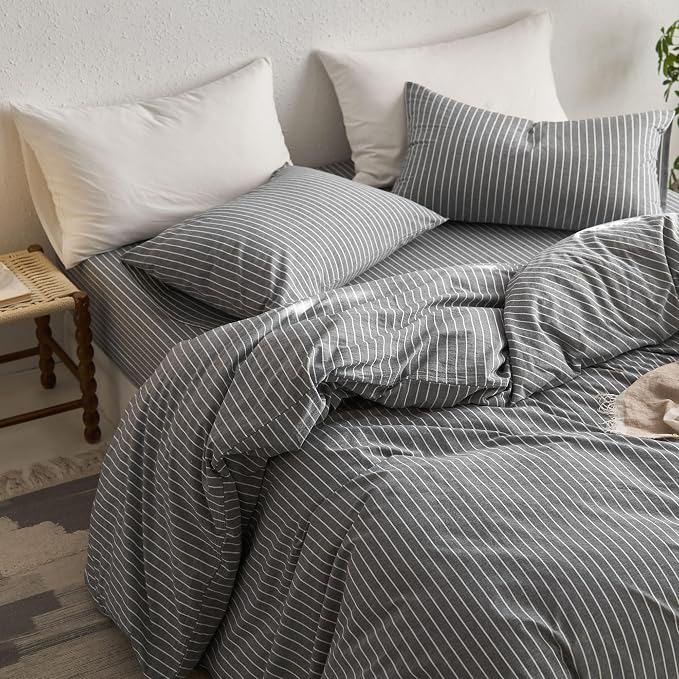 MooMee Striped Duvet Cover Set 100% Washed Cotton Linen Like Textured - Image 4