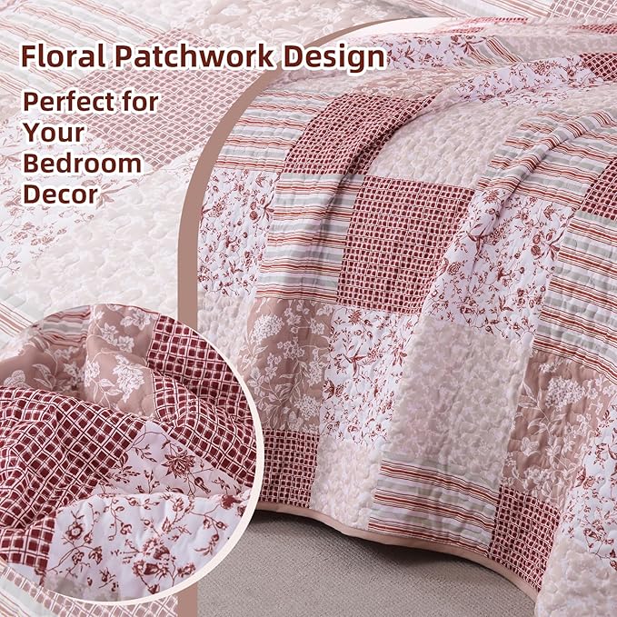 Mybedsoul Patchwork Quilt Set Queen Size, 3 Pieces Pink Floral Plaid Bedspread - Image 4