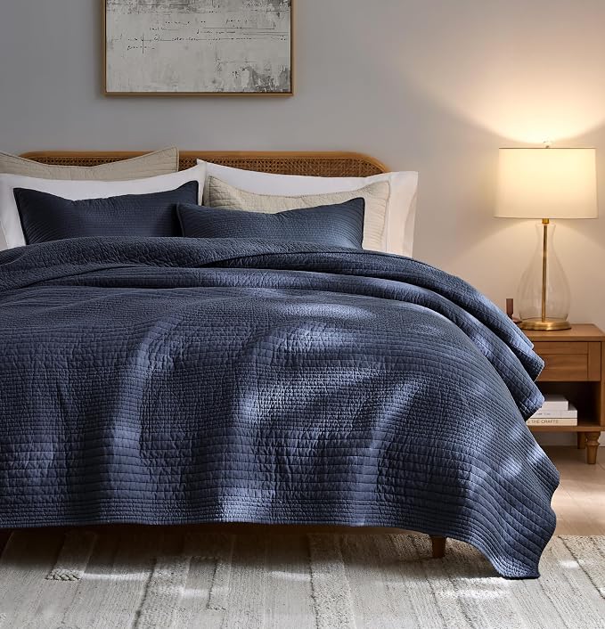 palassio Striped Navy Blue 100% Cotton Quilt Twin Size Bedding Sets, by PALASSIO