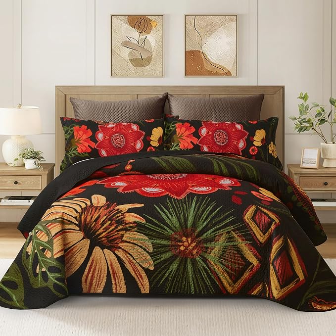 Tyrot 3 Piece Black Red Boho Floral Quilt Sets Full/Queen Farmhouse Reversible by TyrotHomeDecor