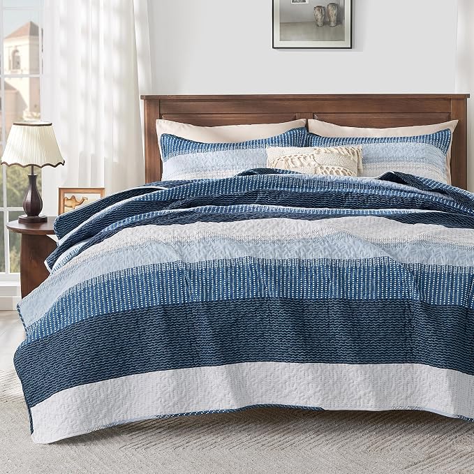 Andency Navy Blue Striped Quilt Set Cal King, 3 Pieces Patchwork Bedspread by Andency
