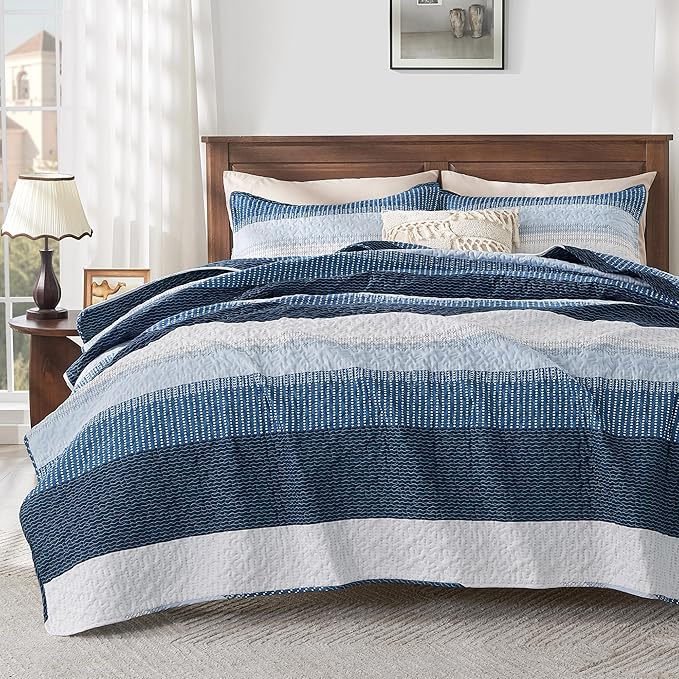 Andency Navy Blue Striped Quilt Queen, 3 Pieces Patchwork Bedspread Coverlet Set by Andency