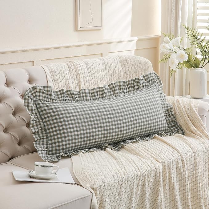 14x36 inches Sage Green Plaid Ruffle Lumbar Pillow Sham 1 Piece, Pure Cotton - Image 4
