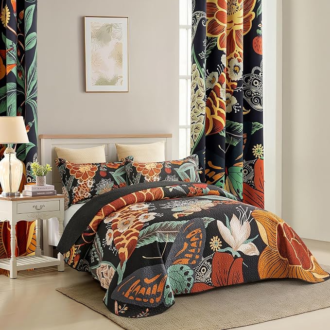 Tyrot 3 Piece Black Boho Floral King Size Quilt Sets Reversible Farmhouse - Image 2
