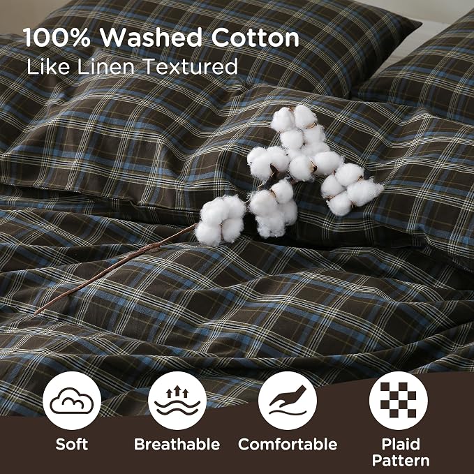 TOCOMOA Buffalo Plaid Duvet Cover Set 100% Washed Cotton Like Linen Feel Super - Image 5