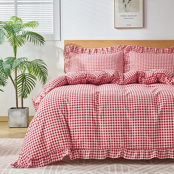 Gingham Duvet Cover Queen Size, 3 Pieces Soft Breathable Microfiber Plaid by Kisswish
