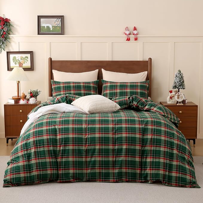 TOCOMOA Christmas Plaid Duvet Cover Set 100% Washed Cotton Like Linen Feel - Image 3