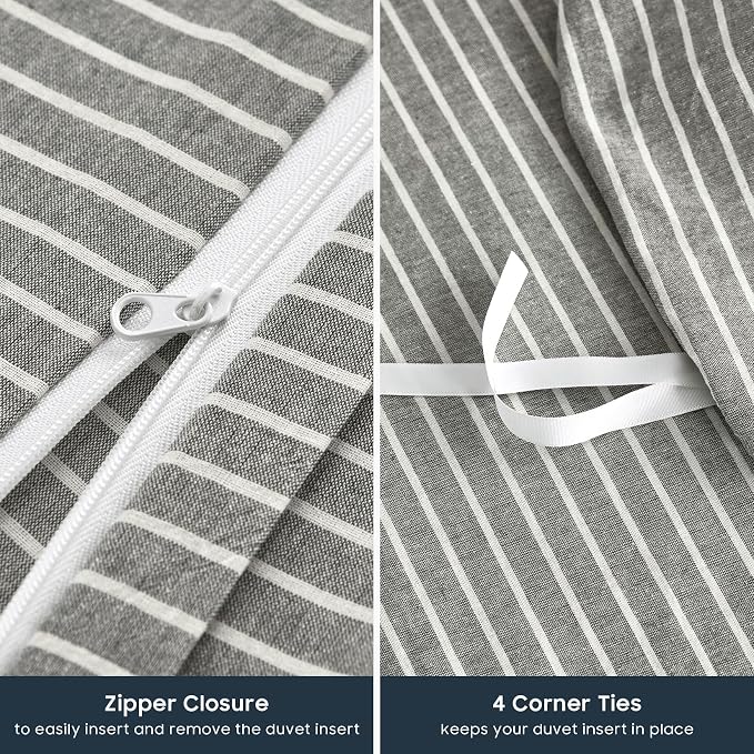 Wake In Cloud - Striped Cotton Duvet Cover Set, 100% Washed Cotton Textured - Image 7