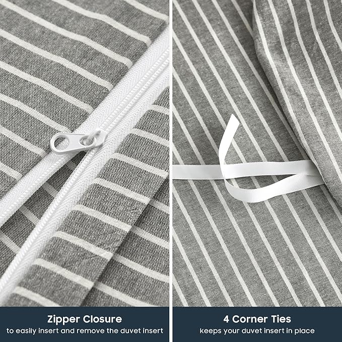 Wake In Cloud - Striped Cotton Duvet Cover Set, 100% Washed Cotton Textured - Image 7