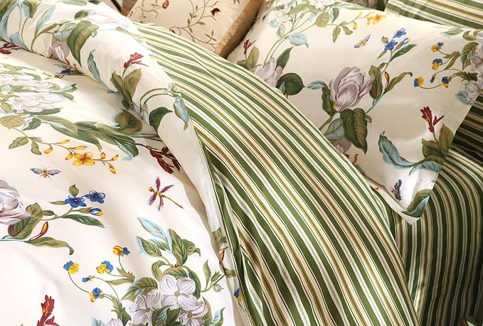 FADFAY Floral Duvet Cover Set 100% Cotton Green Striped and Beige Bedding White - Image 6