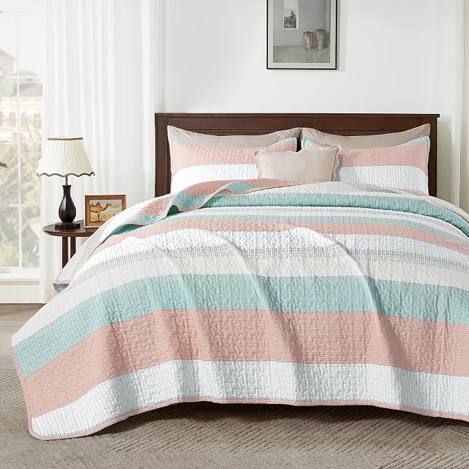 Andency King Size Quilt Set Pink Green, 3 Pieces Summer Ultra Soft Lightweight by Andency