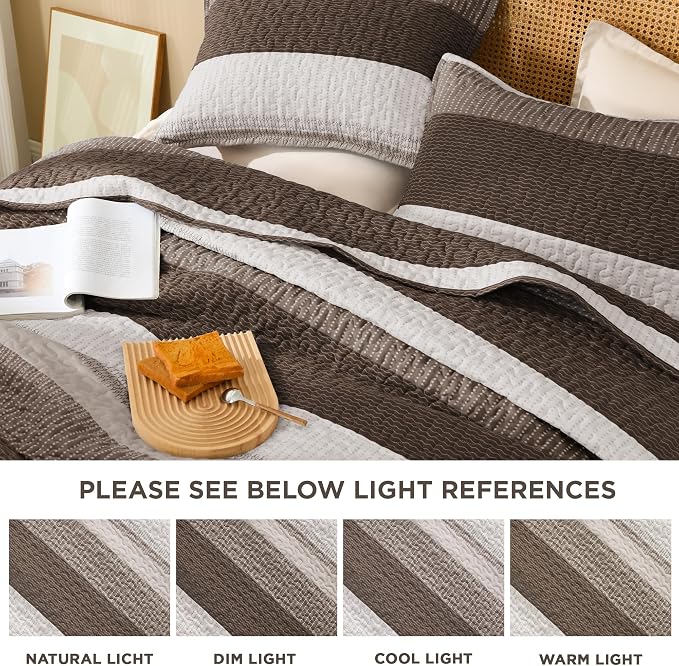 Litanika Oversized King Quilt Set Brown, 128x120 Stripe Bedspread Coverlet 3 - Image 6