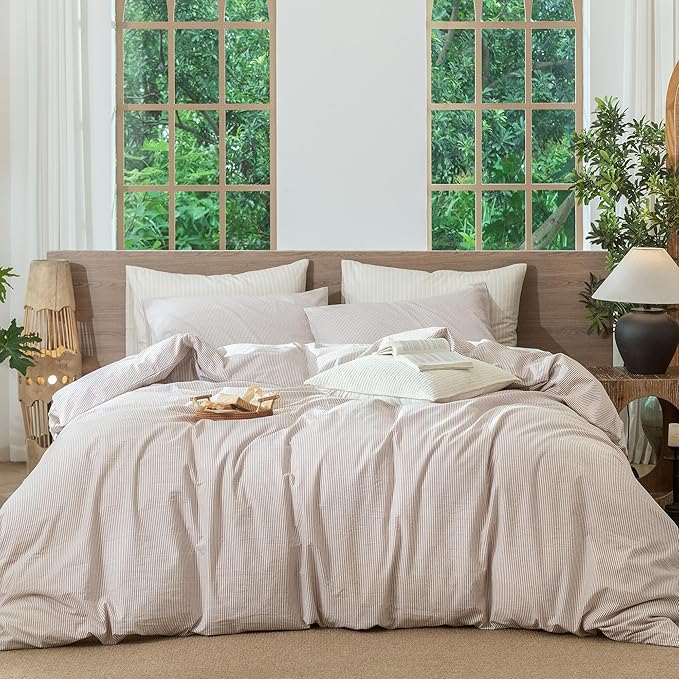 MooMee Striped Duvet Cover Set 100% Washed Cotton Linen Like Textured by MOOMEE