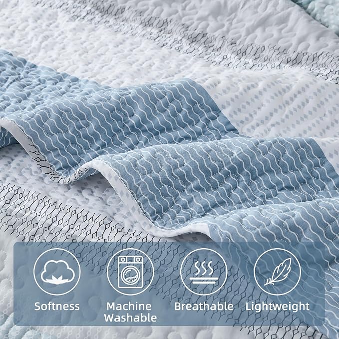 Andency Queen Quilt Bedding Set Misty Blue, 3 Pieces Patchwork Summer Striped - Image 5
