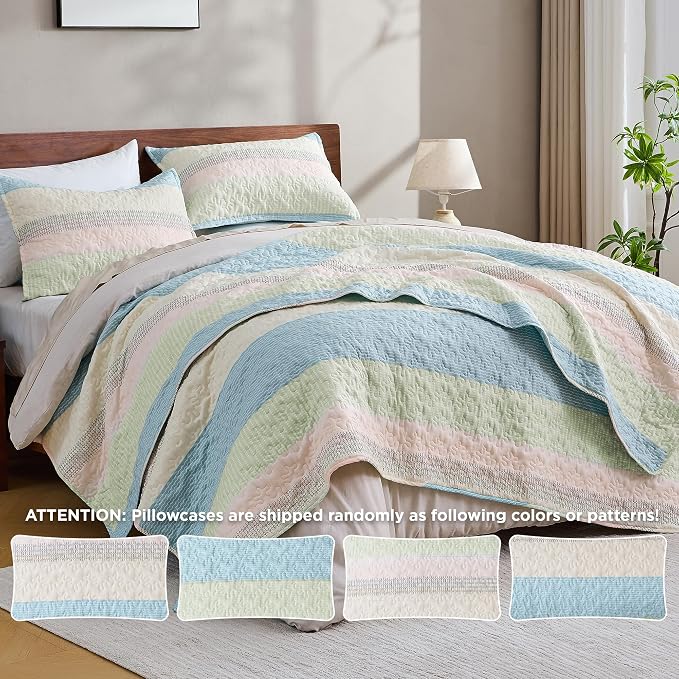 Andency California King Quilt Set Blue Pink, 3 Pieces Ultra Soft Lightweight - Image 3