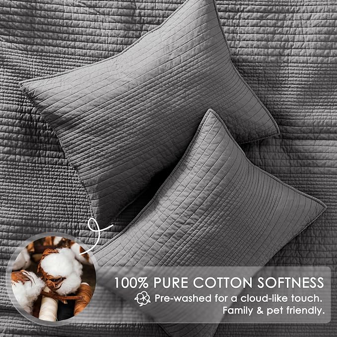 palassio Striped Dark Grey 100% Cotton Quilt Twin Size Bedding Sets, - Image 4