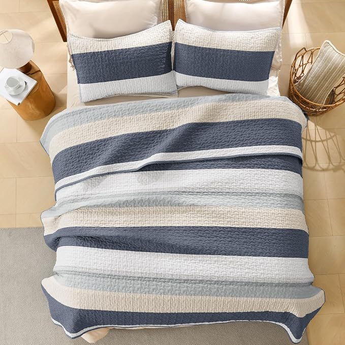Litanika Quilt Queen Size Blue and Yellow, Stripe Patchwork Summer Bedspread - Image 3