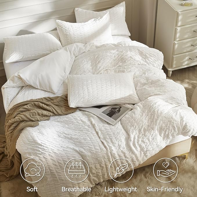 JELLYMONI White Duvet Cover Queen Size, Soft Breathable Seersucker Duvet Cover - Image 2