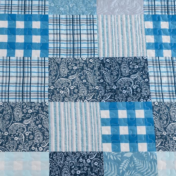 Xruibed Blue Quilt Set Queen Size 3 Pieces Plaid Floral Boho Bedspread Coverlet - Image 6