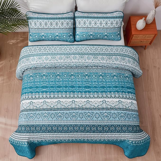 WONGS BEDDING Boho Quilt Set Full, Teal Blue Bohemian Quilt Bedding Set - Image 7