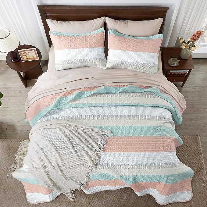 Andency King Size Quilt Set Pink Green, 3 Pieces Summer Ultra Soft Lightweight - Image 6