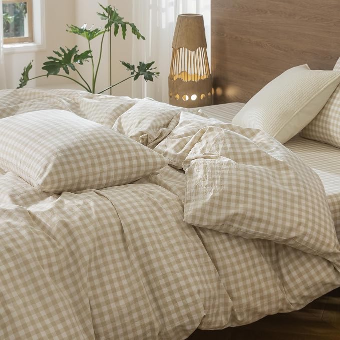MooMee Gingham Duvet Cover Set 100% Washed Cotton Linen Like Textured - Image 8