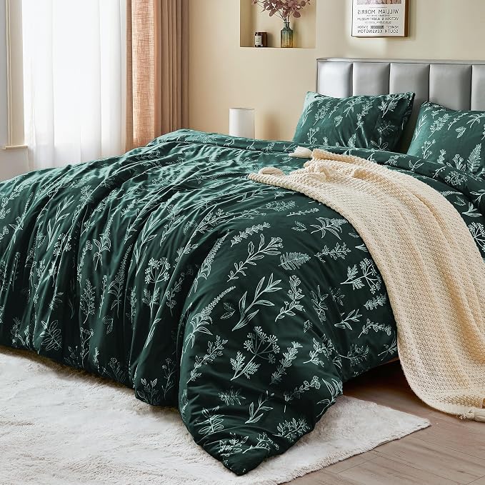 MUXHOMO Duvet Cover King Size, Reversible Floral Forest Green Duvet Cover Set - Image 3