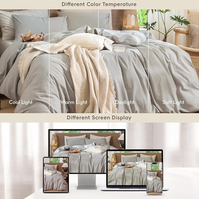 MooMee Striped Duvet Cover Set 100% Washed Cotton Linen Like Textured - Image 7