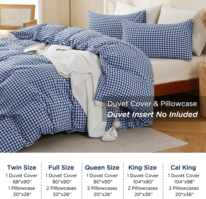 TOCOMOA Navy Blue Gingham Duvet Cover Bedding Set 100% Washed Cotton Like Linen - Image 8