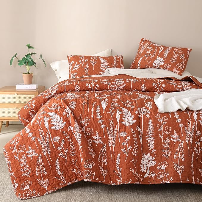 JANZAA Quilts Queen Size Floral Bed Spread Terracotta Quilts Queen Size - Image 5