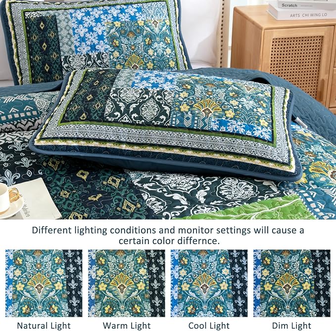 WONGS BEDDING Teal Quilt King Size, 3 Pieces Boho Patchwork Quilt Soft Coverlet - Image 6