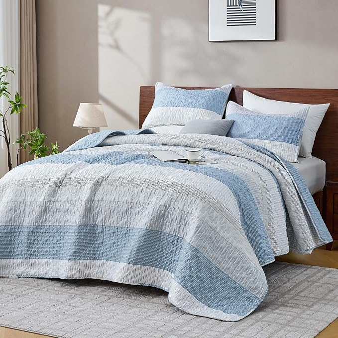 Andency Queen Quilt Bedding Set Misty Blue, 3 Pieces Patchwork Summer Striped - Image 7