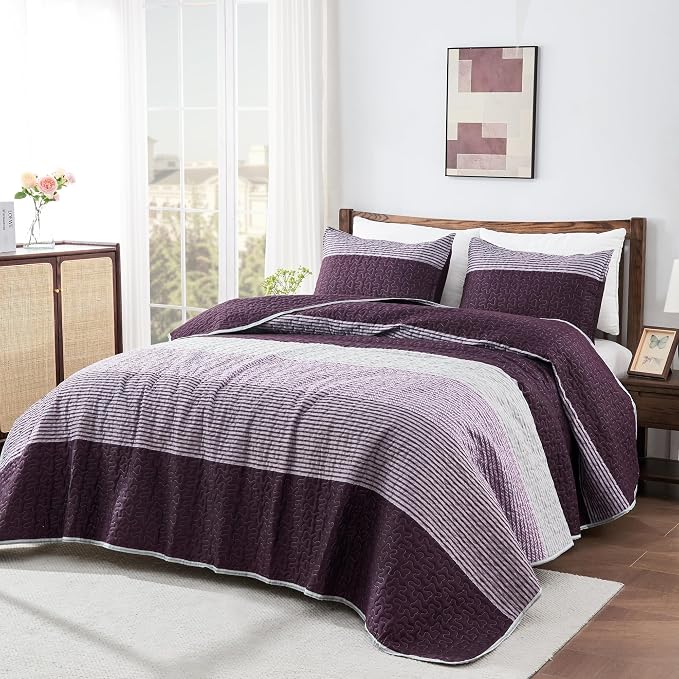 Andency Stripe Quilt Set Queen, 3 Pieces Purple and Grey Patchwork Bedspread - Image 6