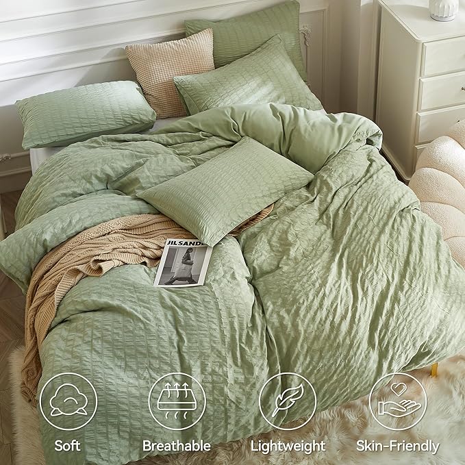 JELLYMONI Light Green Duvet Cover Queen Size, Soft Breathable Seersucker Duvet - Image 2