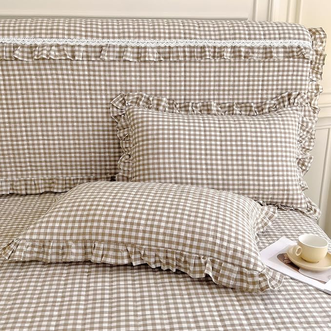 mixinni Tan Gingham Ruffle Duvet Cover Queen Size 3 Pieces – 100% Washed Cotton - Image 7