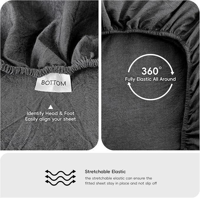 MooMee Fitted Bottom Sheet Only 100% Washed Cotton Linen Like Textured - Image 3