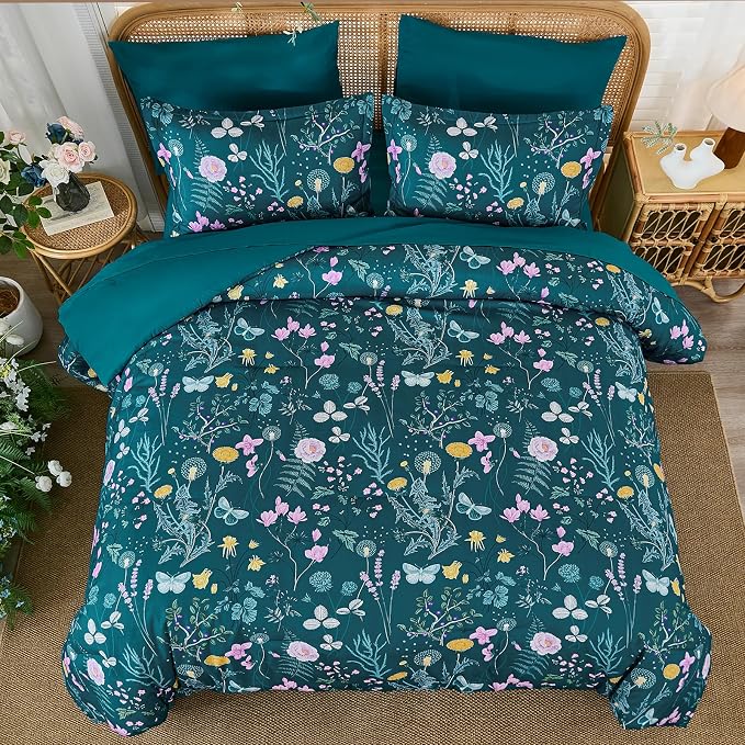 Yiran Teal Blue Comforter Set King Size, 7 Piece Floral Botanical Comforter - Image 3